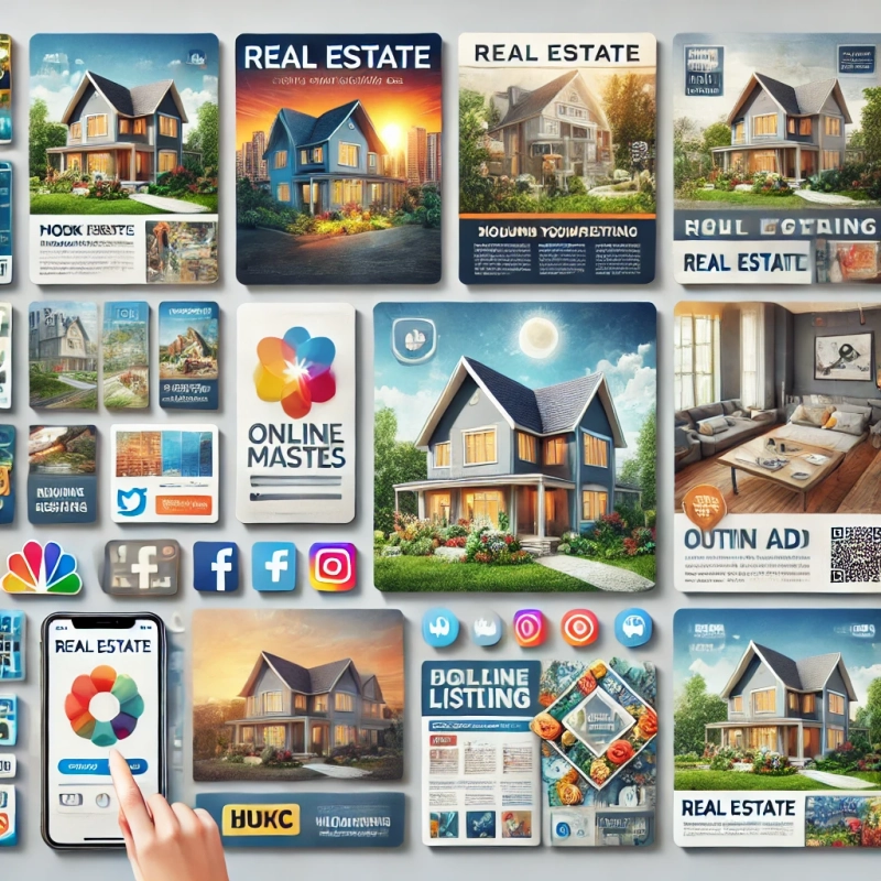 DALL·E 2024-06-24 21.44.16 - A collage-style image featuring various marketing materials and online ads for real estate listings. The collage includes flyers, social media posts,