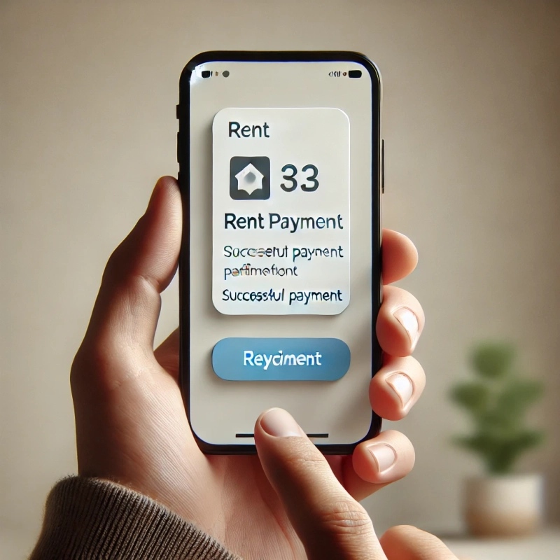 DALL·E 2024-06-24 21.45.55 - A close-up of a hand holding a smartphone with a rent payment app open. The app interface shows a successful payment notification. The background is n