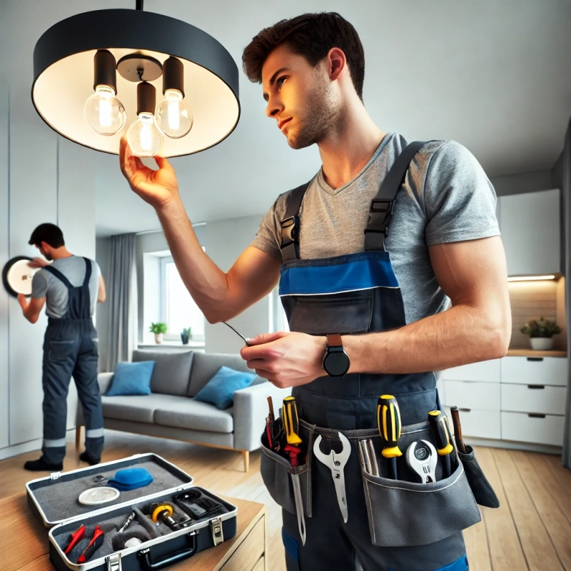 DALL·E 2024-06-24 21.48.15 - A maintenance worker in uniform fixing a light fixture or conducting a repair in a modern apartment. The worker is focused and professional, wearing p