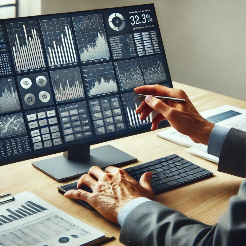 DALL·E 2024-06-24 21.50.00 - A person reviewing detailed financial reports on a computer screen, with graphs and charts visible. The workspace is organized with documents and a no